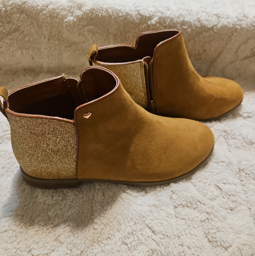 wonder nation Tan Suede Ankle Booties with Gold Glitter Heel